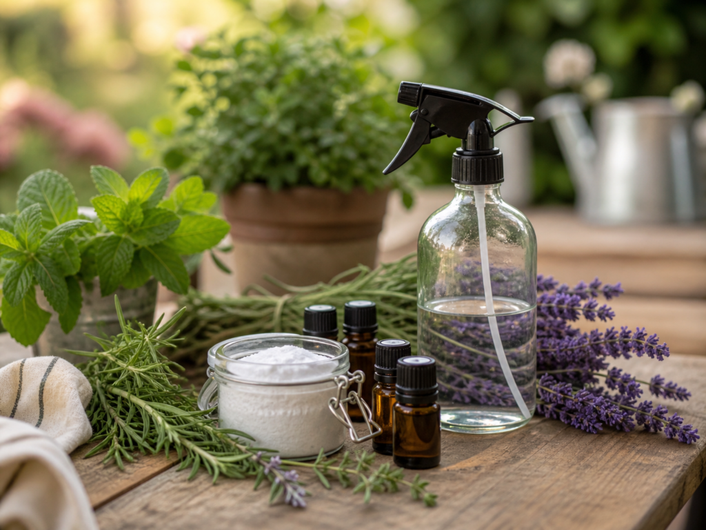 Zutaten für selbst gemachtes Deo mit Natron, ätherischen Ölen und Glasflasche auf einem Gartentisch